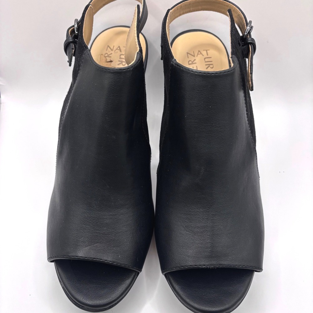 Naturalizer DAWN Black Peep Toe Sling Back Heels Faux Leather Suede Sz 10